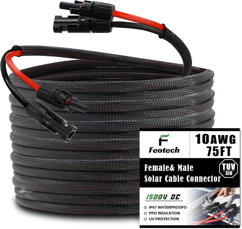 Feotech Twin Wire 75FT Solar Extension Cable - 10AWG(6mm²) Solar Panel Connector, with 6 Pairs-IP67-Male/Female Solar connectors for Outdoor Automotive RV Boat Marine Solar Panel- Black & Red - Image 1